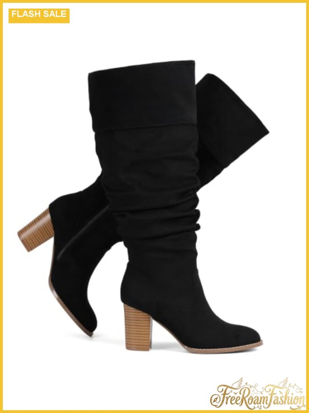 Wide Calf Suede Slouch Knee High Boots Side Zip 3-Inch Heel